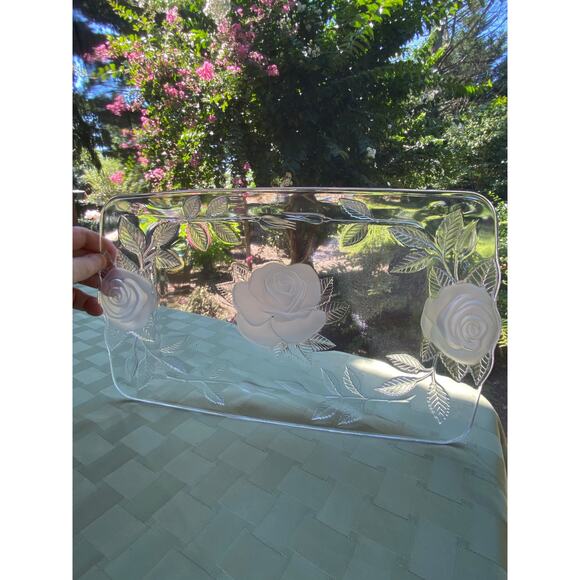 Cristal d'Arques Clear & Frosted Glass Tray with Roses 14 in X 8.25 in France - Picture 5 of 14